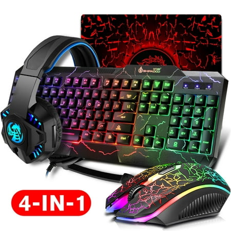 4 in 1 Gaming Keyboard and Mouse and Mouse pad and Gaming Headset, Wired LED RGB Backlight Bundle for PC Gamers and Xbox and for PS4 Users Birthday Christmas Gifts