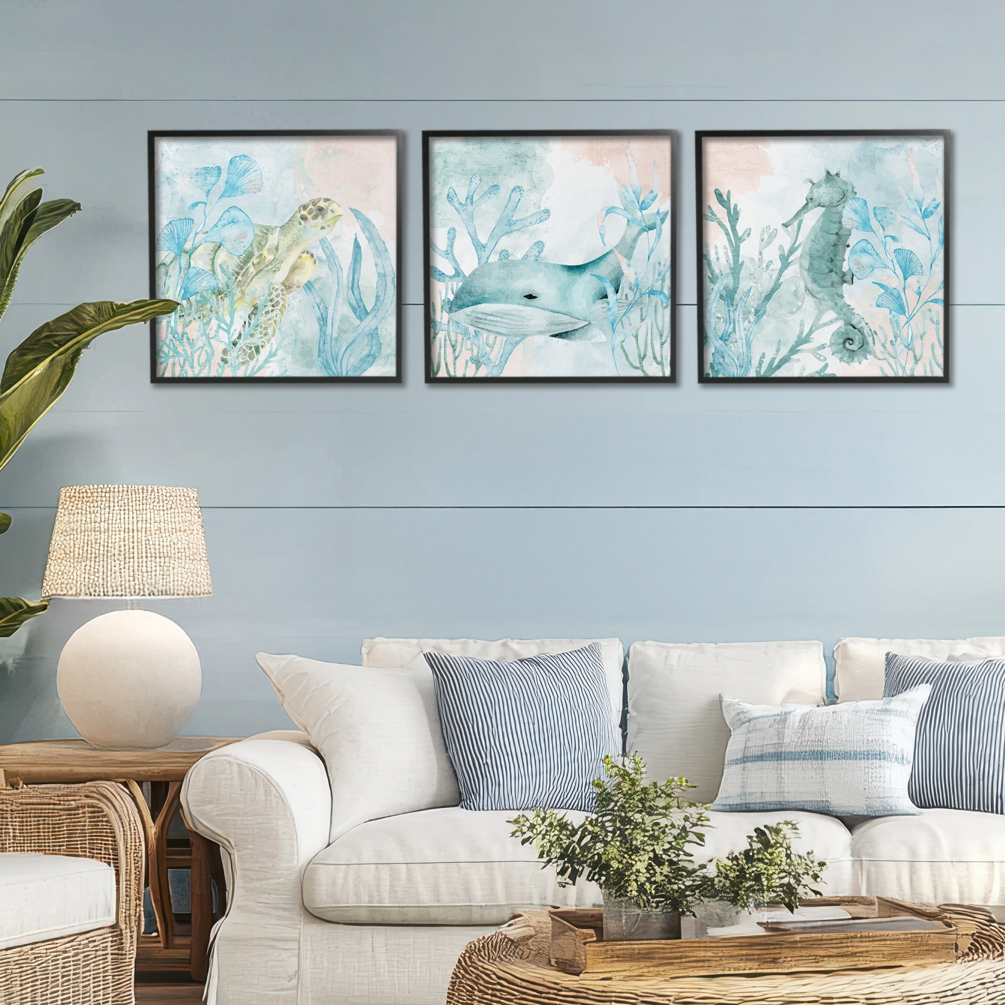 Stupell Industries Aquatic Animals Sea Swim 3 Piece Black Framed Giclee Art Set, design by Kim Allen