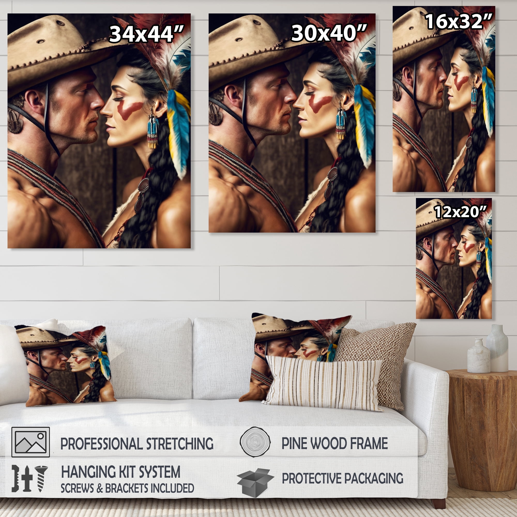 Designart Cowboy And An Indian Woman In Love II Canvas Wall Art