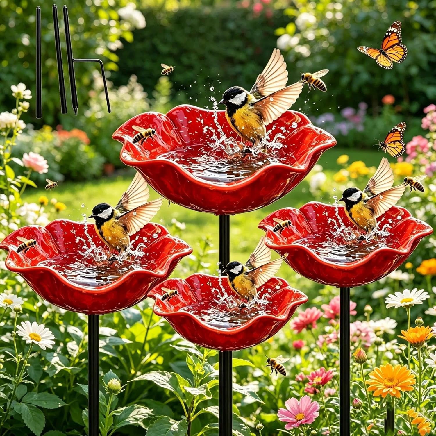 Handmade Metal Flower Garden Stake with Bee Bath & Bird Bath & Colorful Butterfly Bowl Decorative Outdoor Yard Art, with Flower Design, Yard Decor Butterfly Pollinator Watering Station (Blue, 5)