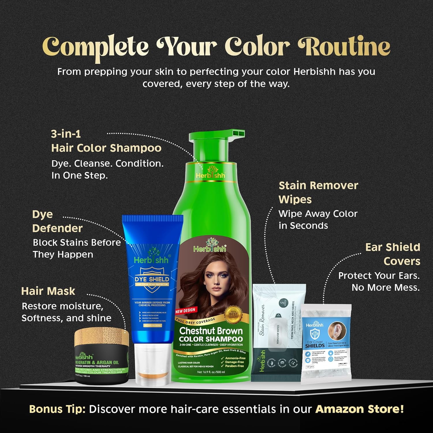 (4 pack) Herbishh Ultimate Hair Color Kit (2 Shampoos + 1 Argan Mask) for Grey Hair - Permanent, Long-Lasting, Easy to Apply for Men and Women (Chestnut Brown)