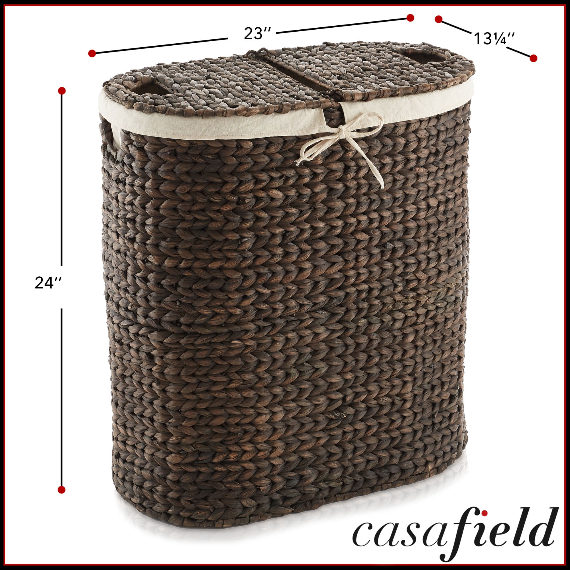 Casafield Oval Laundry Hamper with Lids and Removable Liner Bags - Espresso Dark Brown, Woven Water Hyacinth 2-Section Laundry Basket for Clothes
