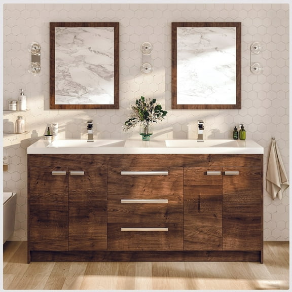 Eviva Lugano 60" Rosewood Modern Double Sink Bathroom Vanity w/ White Integrated Top