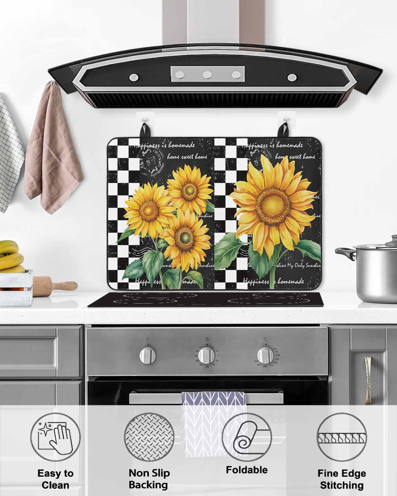 Large Induction Cooktop Protector Mat Sunflower Stove Top Covers for Electric Stove, Yellow Flowers Black White Plaid Retro Art Decorative Stove Burner Cover Mats, Glass Top Stove Cover