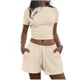 thumbnail image 2 of Bloomae Two Piece Jogger Sets for Women Summer Crew Neck Lounge Short Sets Short Sleeve Crop Tops and Drawstring Elastic Waist Short Pants Vacation Outfits with Pocket Beige L, 2 of 7