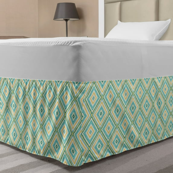 Aqua Bed Skirt, Square Rhombus Lines with Torn Paper Effect Pattern in Fresh Spring Colors, Elastic Bedskirt Dust Ruffle Wrap Around for Bedding Decor, 4 Sizes, Turquoise Yellow White, by Ambesonne