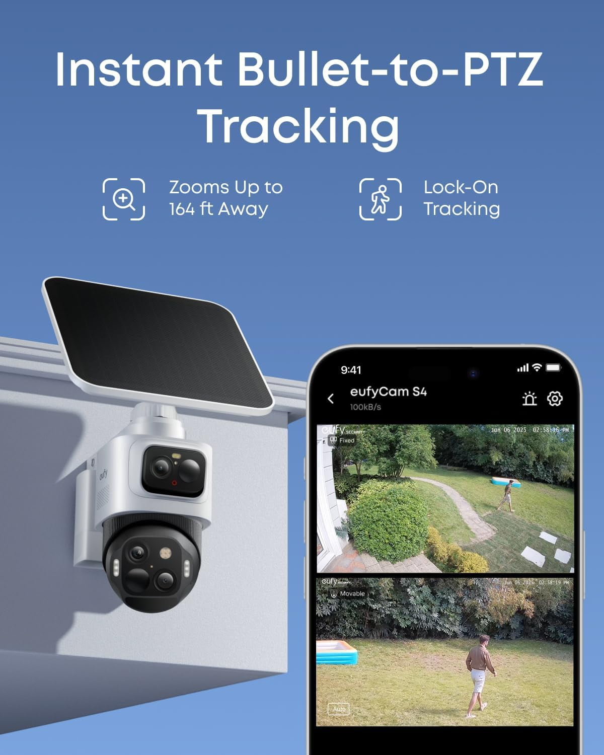 eufy Security eufyCam S4 2-Cam Kit, Solar Security Camera Wireless Outdoor, Triple Lens Bullet-PTZ Cam, 4K UHD, 360° Pan and Tilt, Auto Track, 8× Hybrid Zoom, Color Night Vision, Expandable Storage
