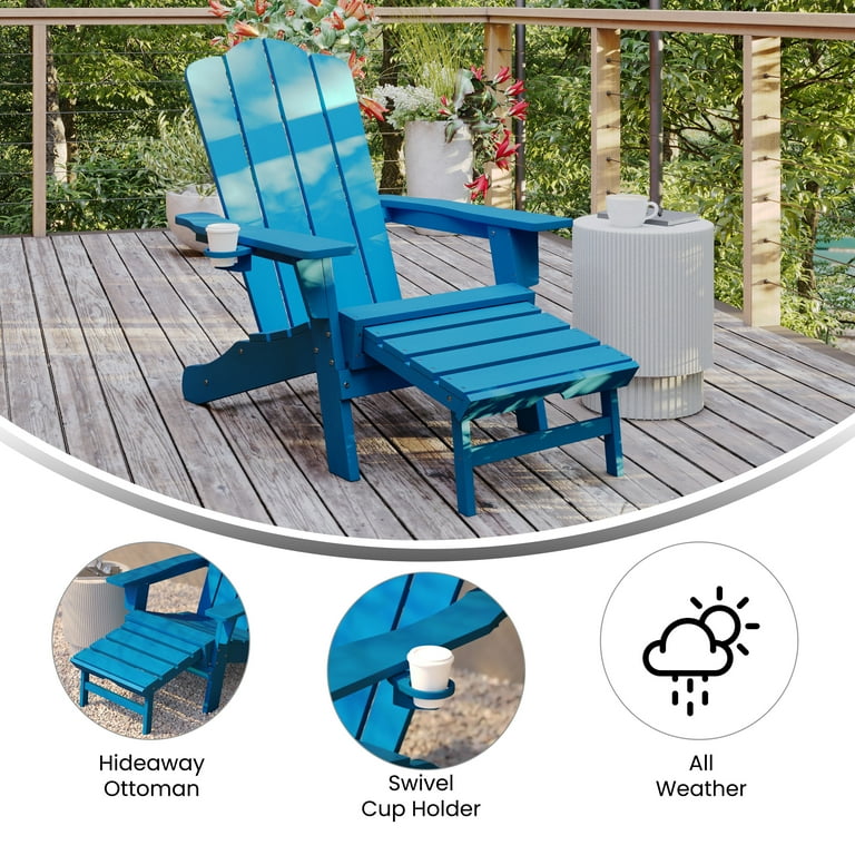 Flash Furniture Halifax HDPE Adirondack Chair with Cup Holder and Pull Out Ottoman All Weather HDPE Indoor Outdoor Lounge Chair in Blue