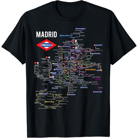 Madrid Spain Metro Subway Train Map T-shirt GiftMen and women, Black T-shirt, size: Extra large