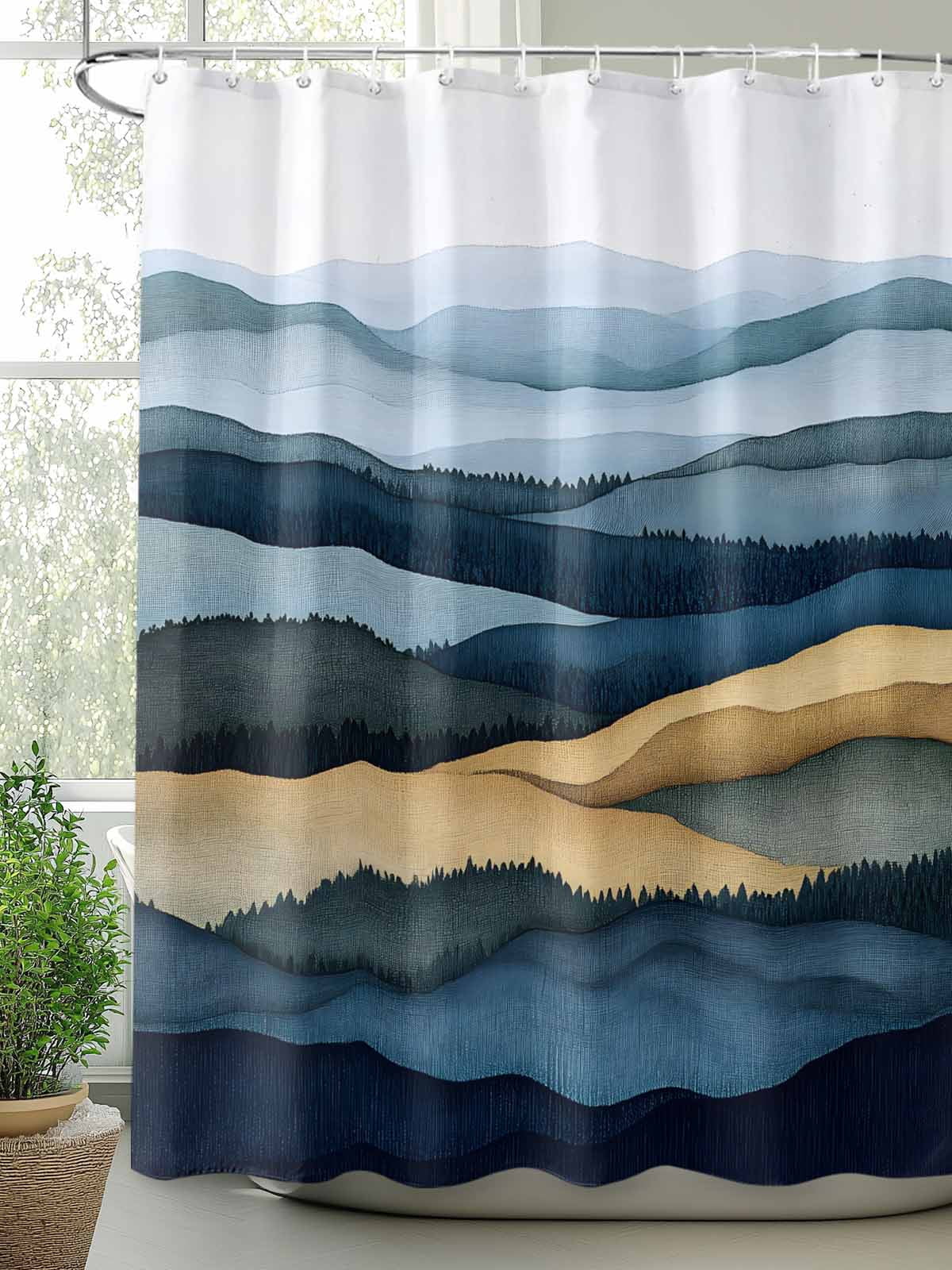 Boanket Polyester Fabric Mountains Blue Gold Shower Curtain, Modern Green Forest Trees Waterproof Bathtub Curtain Bathroom Decor Set with Hooks 72 x 72 Inches,