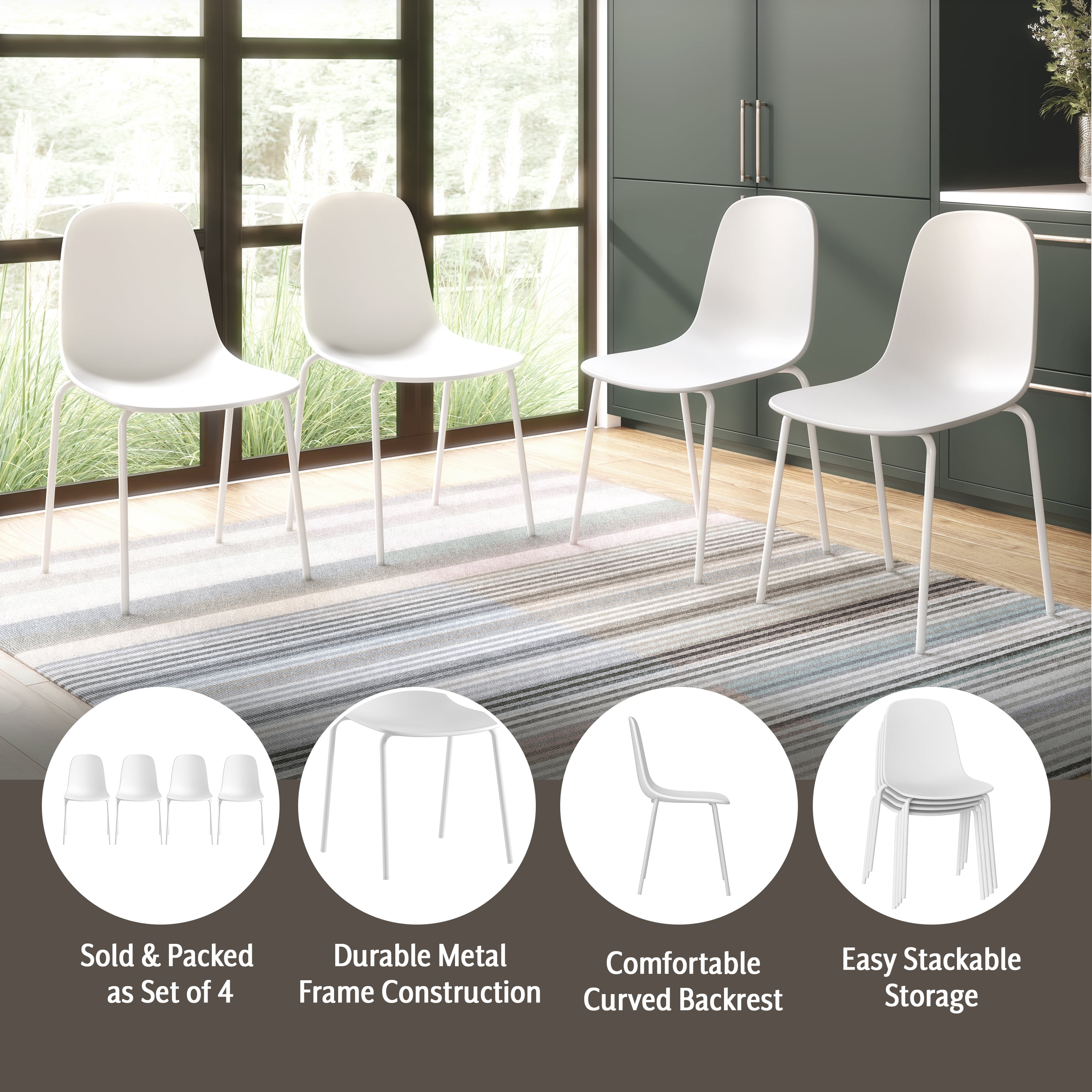 Mainstays Modern Stackable Dining Chairs, Set of 4, White