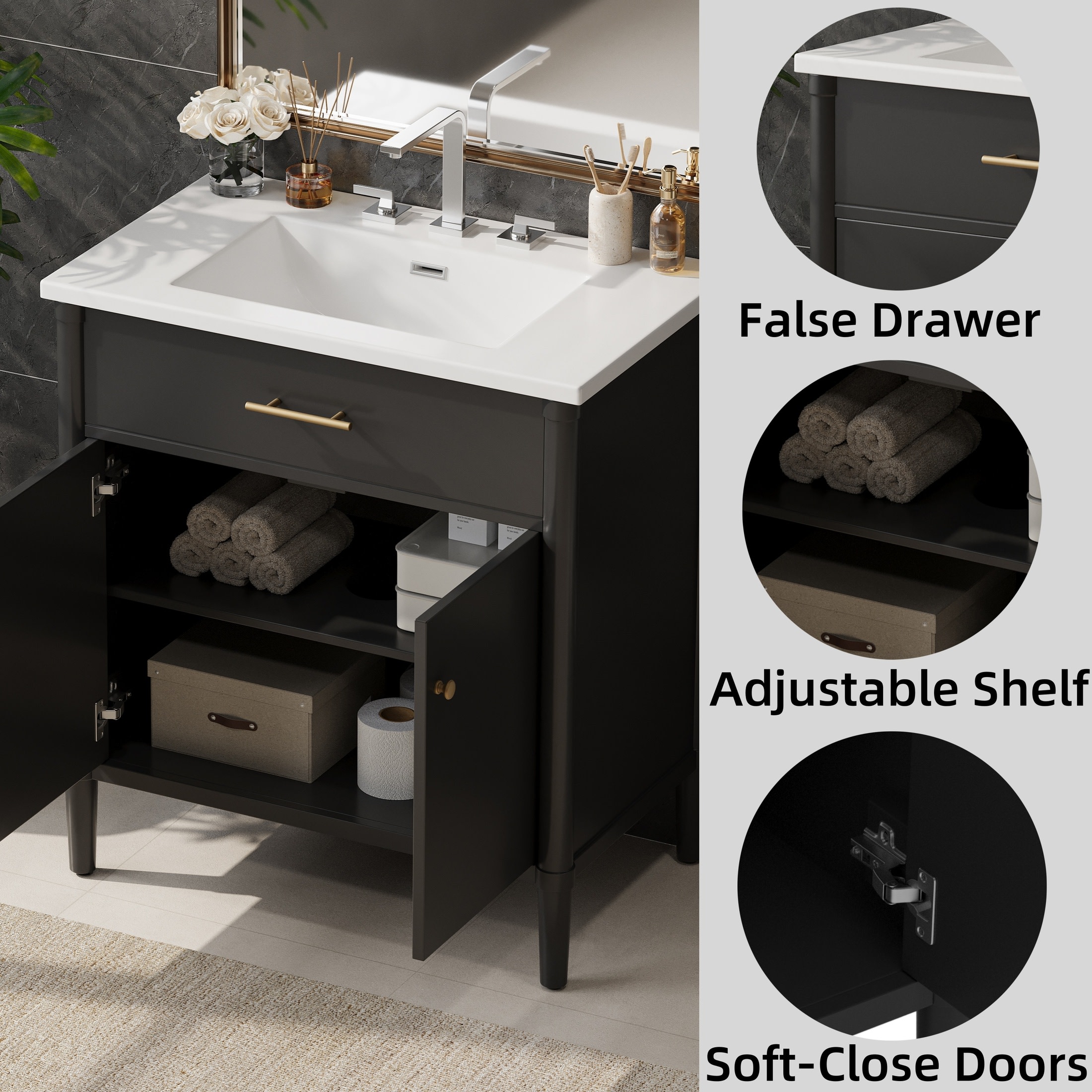 Christopher Knight Home 31" Modern Bathroom Vanity, Adjustable Shelf Cabinet with Ceramic Sink, Black