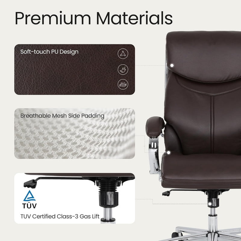 COLAMY High Back Executive Office Chair, PU Leather Computer Desk Chair with Extra Thick Padded Seat Cushion, Quiet Rubber Rolling Casters and Adjustable Tilt Tension for Home Workspace,Brown