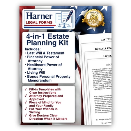 Harner Legal Forms Estate Planning Kit 4-in-1 Last Will and Testament Financial POA Healthcare POA Living Will Attorney-Drafted Templates with Instructions