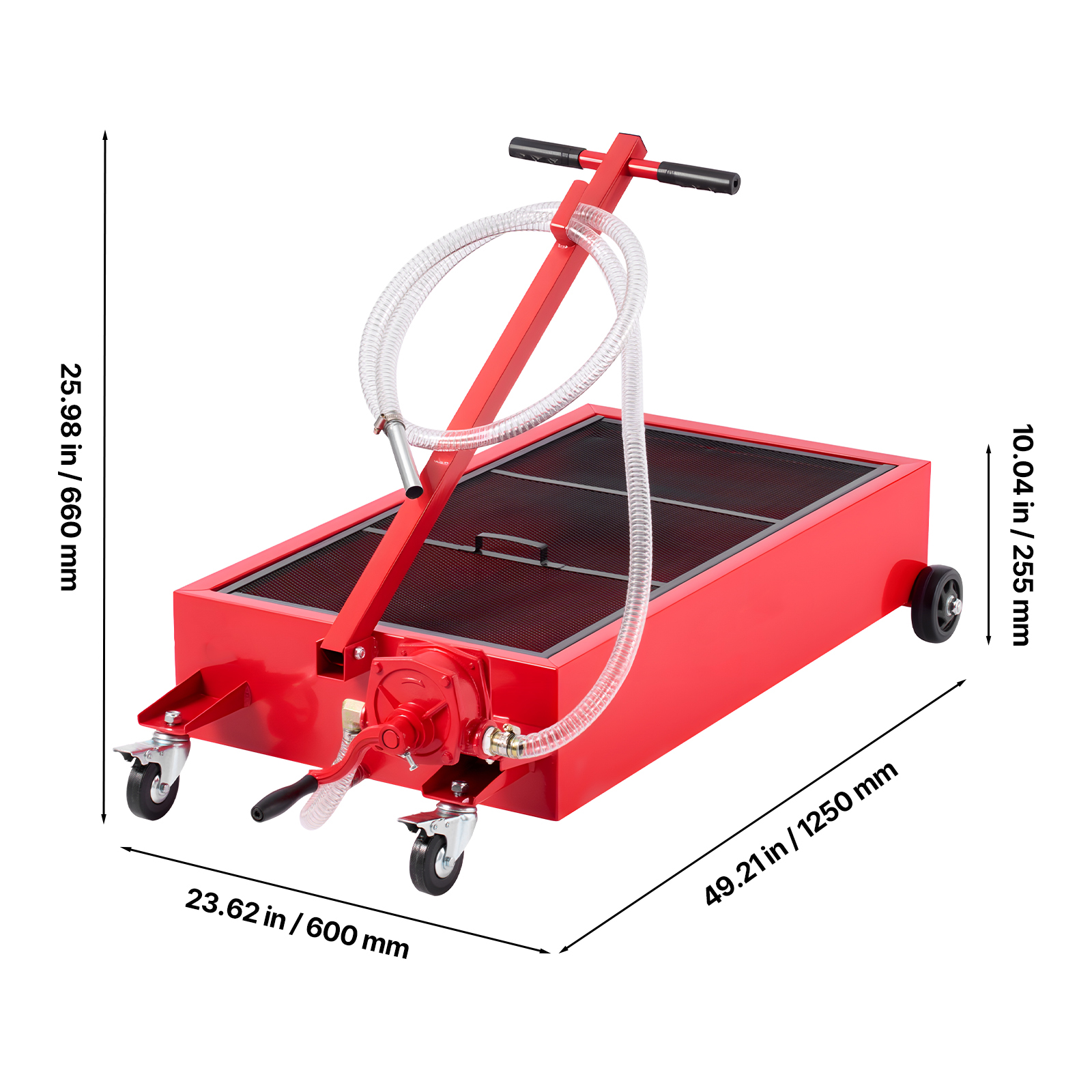 KFFKFF 20-Gallon Low-Profile Oil Drain Pan with Manual Pump, Rolling Design, 7.2 ft Hose, T-Handle, Durable and Corrosion-Resistant, Suitable for Cars, SUVs, Trucks, and ATVs, Red