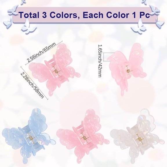 3Pcs Butterfly Acrylic Claw Hair Clips Hair Accessories for Women Mixed Color 65x58x42mm