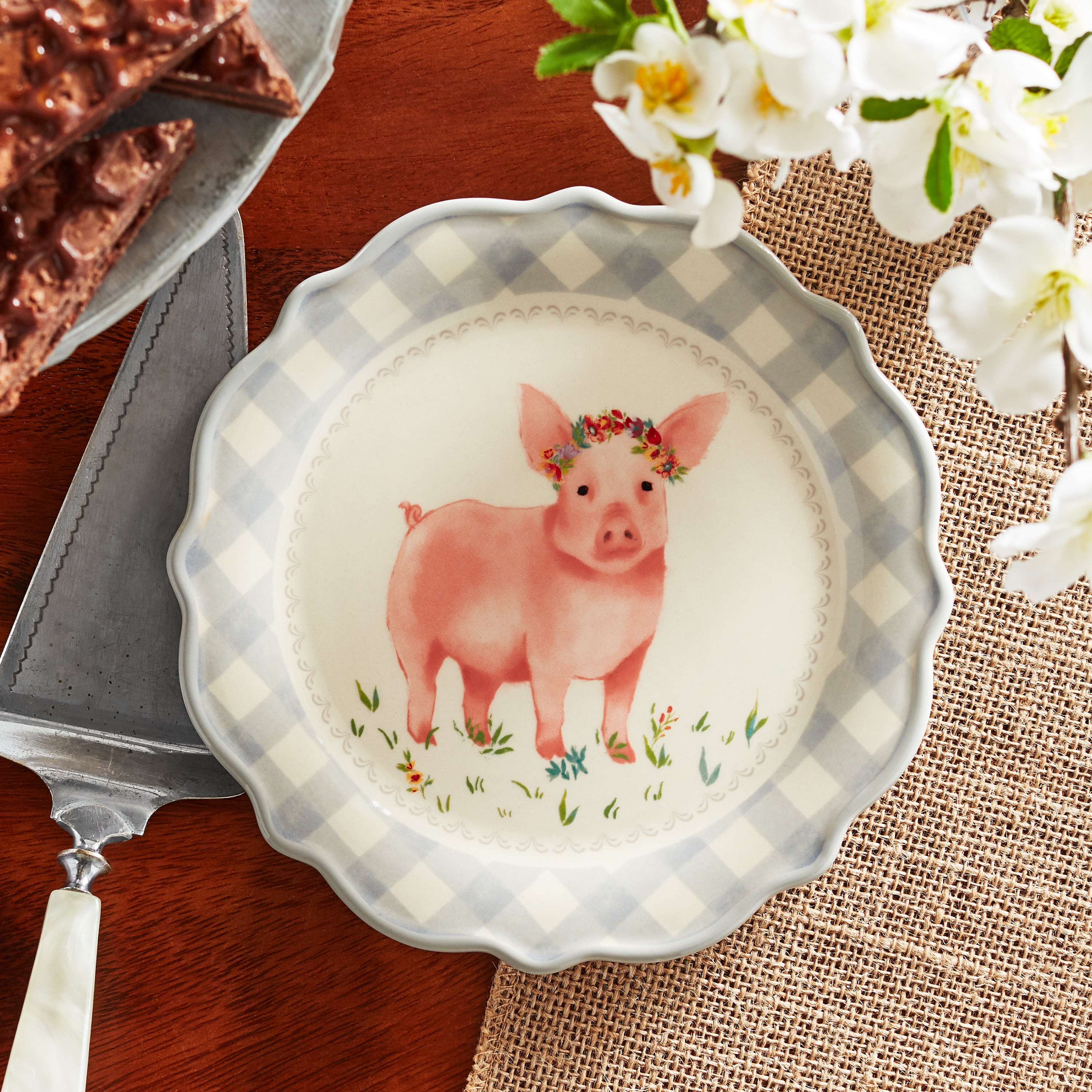The Pioneer Woman Gray Gingham with Pig Decal Appetizer Plate