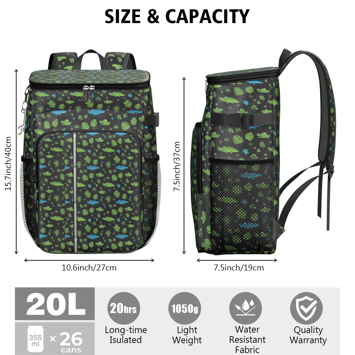 Travel Cooler Bag - Black Cartoon Crocodiles Leaves Pattern Camping Beer Cooler Backpack with Bottle Opener- Waterproof Insulated Picnic Backpacks - Cooler Bag for Beach