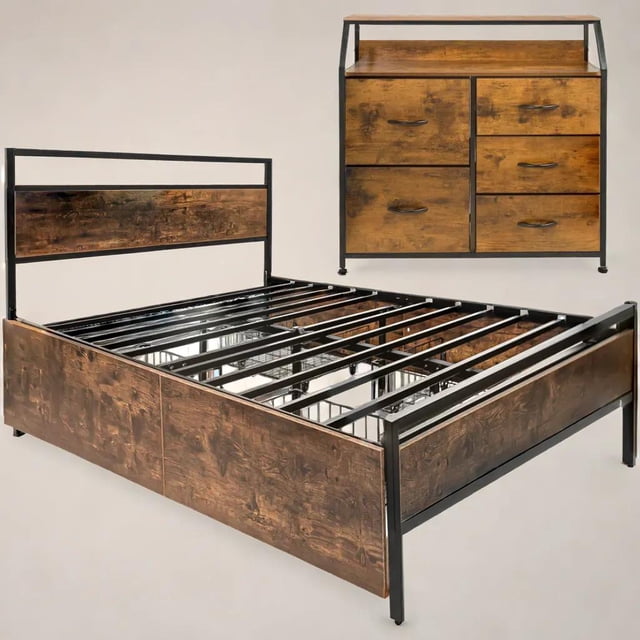Base Cama Matrimonial Cajones + Comoda Country Moderno Houzer