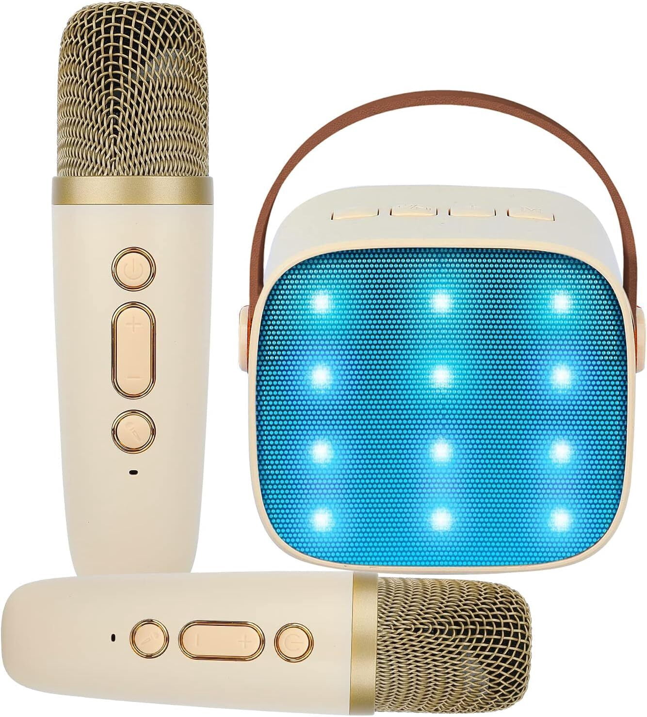 TOPCHANCES Mini Karaoke Machine for Kids, Portable Bluetooth Karaoke Speaker with 2 Wilreless Microphones and Dynamic Lights, Ideal Gifts for Girls Boys Home Party ( Beige )