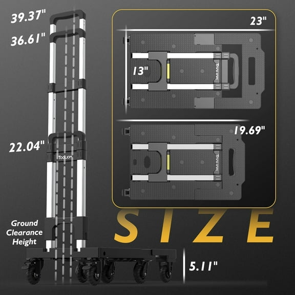 Folding Hand Truck - 600 lbs Heavy Duty Foldable Luggage Cart with 7 Tank Wheels, Portable Collapsible Dolly Cart with Extendable Base, Utility Cart with Brake Wheels