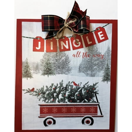 Red Wagon Loaded With Christmas Tree Painted Wood Wall Sign Plaque 12