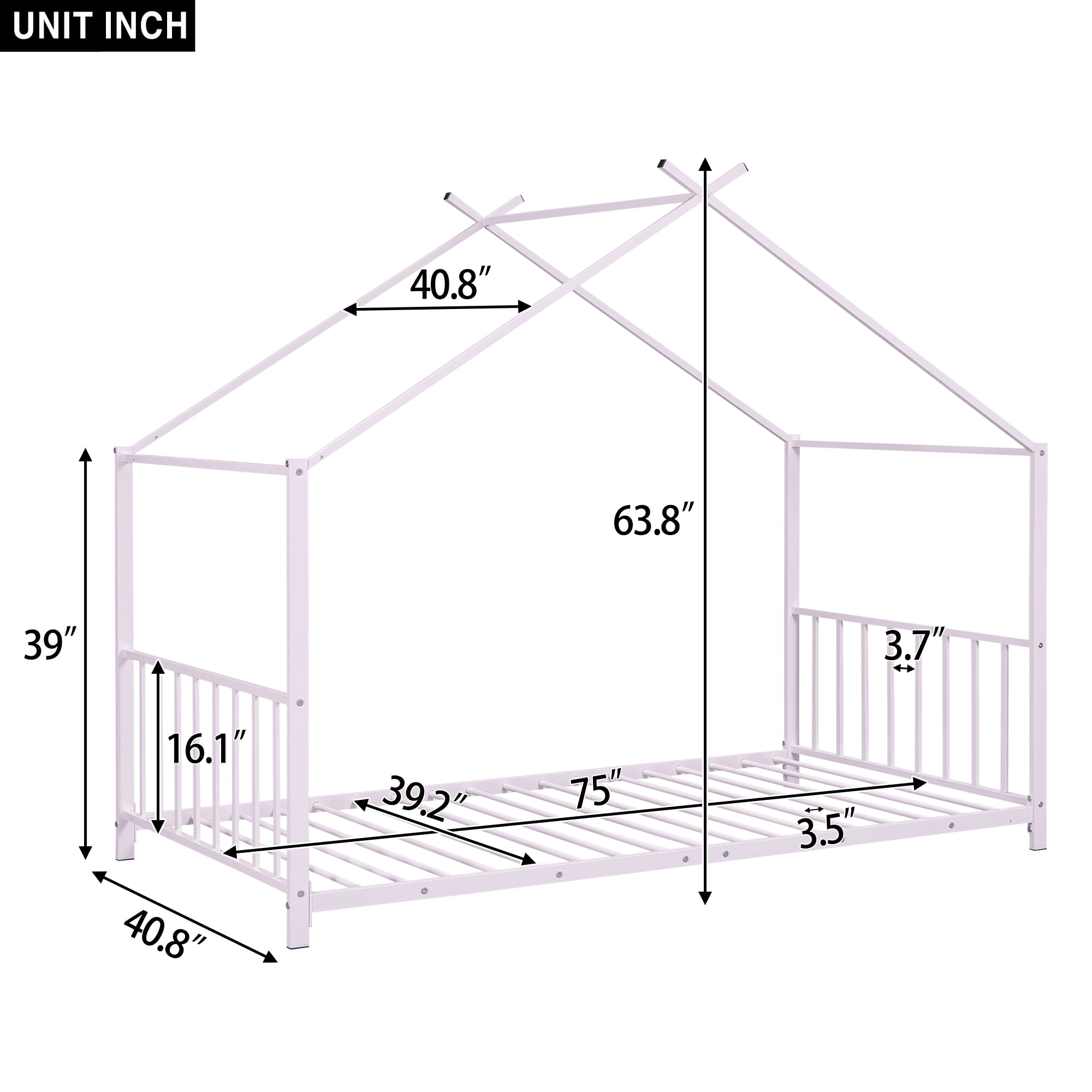 Kumix Twin Size House Floor Bed, Metal Floor Bed with Fence and Roof, House Bed for Teens, Playhouse Twin Bed Frame for Girls, Boys, Pink(Without Slats)