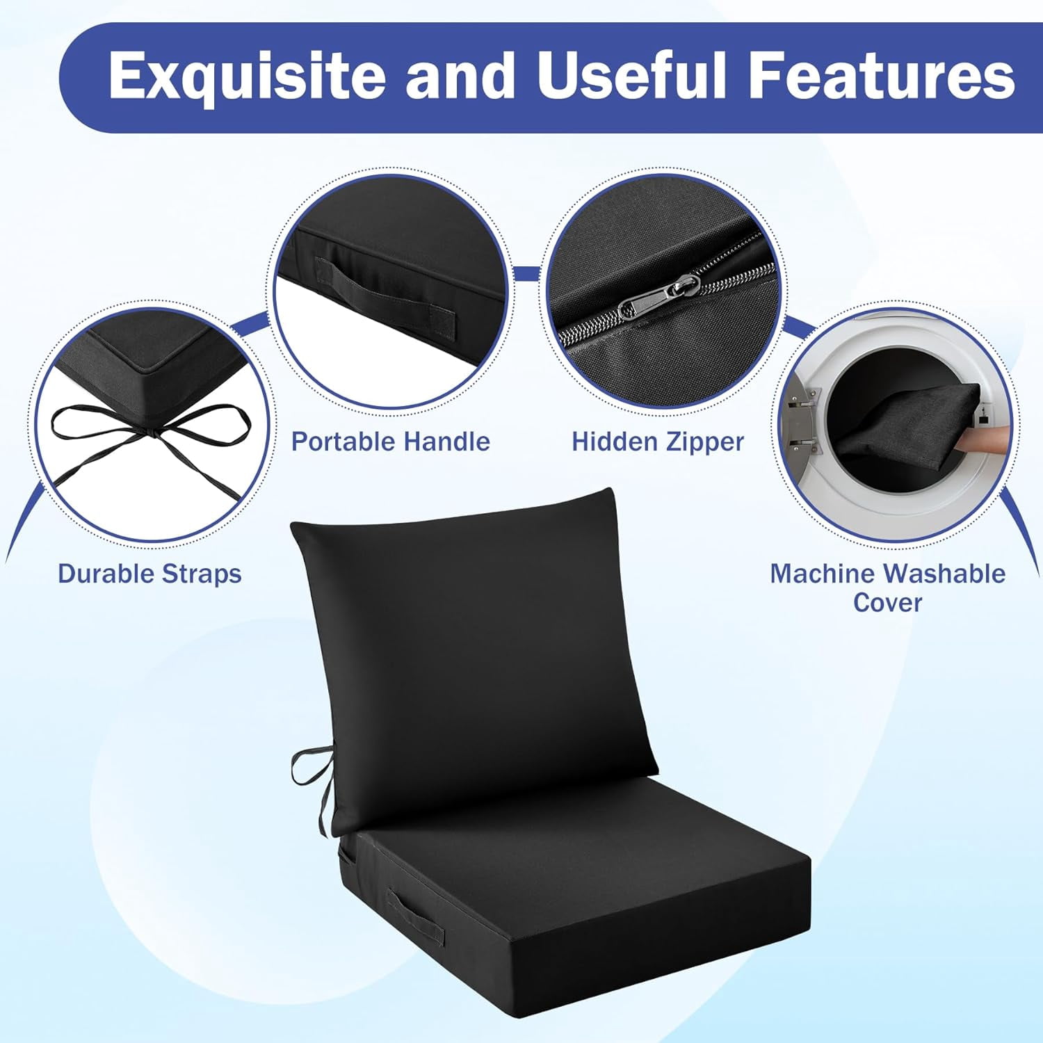 Outdoor Seat Cushion Set, Waterproof & Fade Resistant Patio Chair Cushions, Outdoors Cushion for Patio Furniture, 24 x 24 x 5.75 Inch, Outdoor Couch Cushions with Handle and Ties, Black