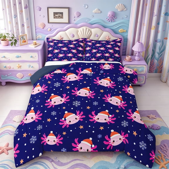 Manfei Axolotl Amphibian Print Full Size Comforter Sets,3D Printed Salamander Bedding Comforter Set,Navy Blue Reversible,3 Pieces,1 Comforter and 2 Pillowcases