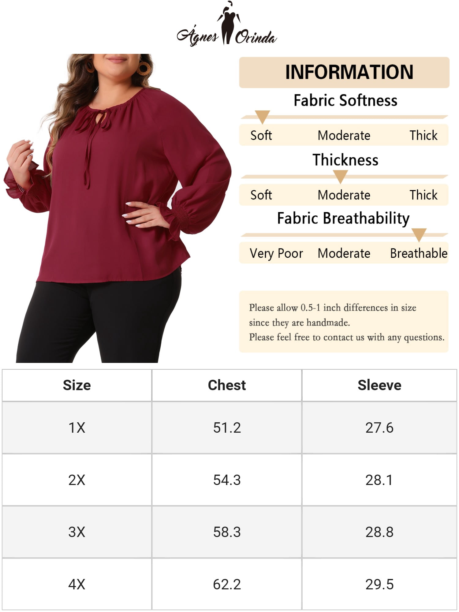 DARING DIVA Women's Plus Casual V Neck Drawstring Long Sleeve Blouse 4X Burgundy