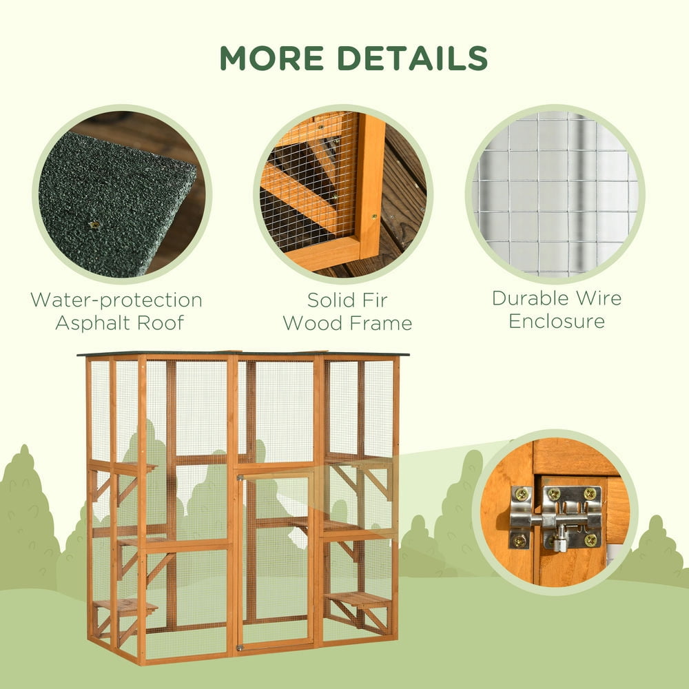 Resenkos Cat Playpen,Outdoor Cat House Big Catio Wooden Feral Cat Shelter Enclosure with Large Spacious Interior, 6 High Ledges, Weather Protection Asphalt Roof, 71" L, Orange