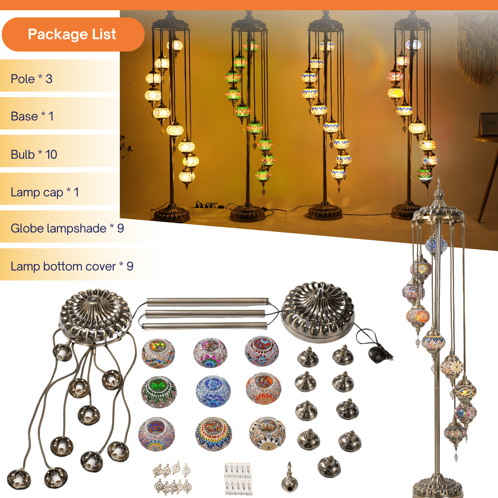 Turkish Floor Lamp,  Turkish Moroccan Light，Traditional Turkish Art ，Upgraded 9 Globe Mosaic Design, 74in High, Includes Bulbs, for Home Decor  Lounge Ambiance