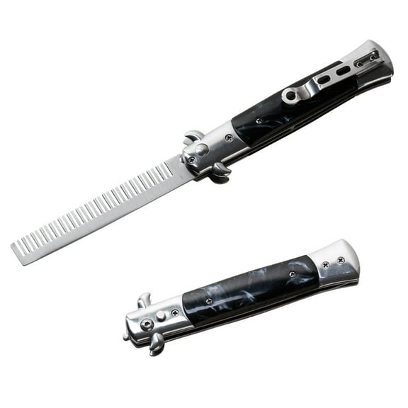 Munetoshi 9" Black Wood Handle Spring Button Folding Comb Hair Styling Pocket Carrying