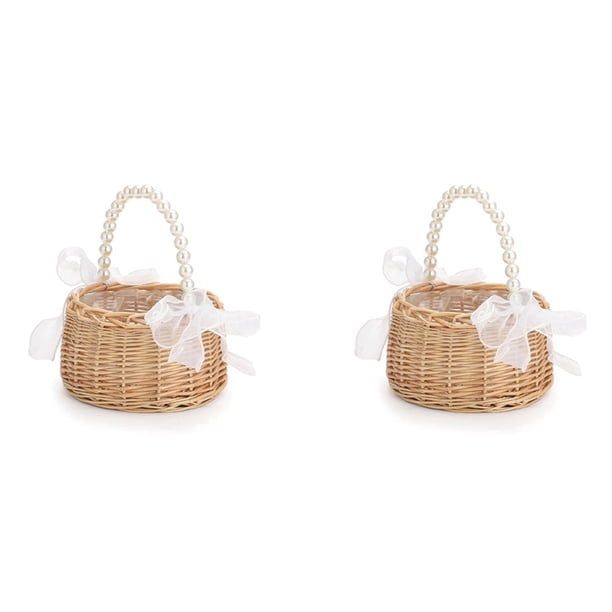 2X Cesta de Mimbre para Niña de Flores para Bodas, Cesta de Flores de Ratán, Cesta de Niña de Flores Hecha A Mano con Asa y Cinta