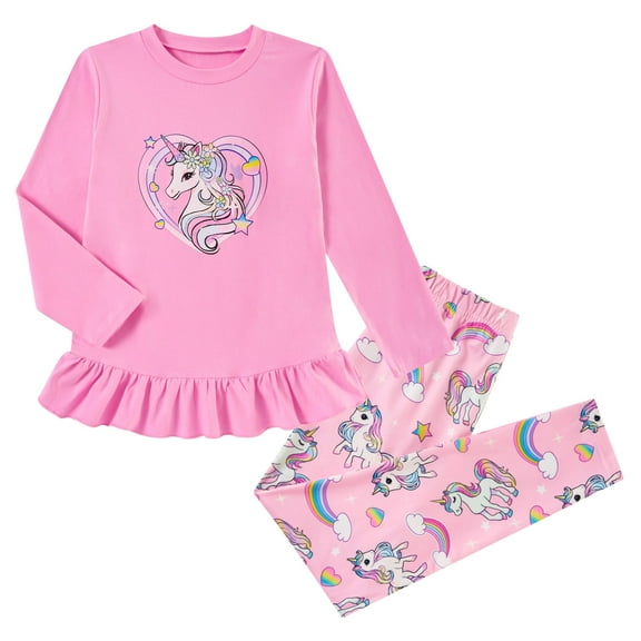 Aideaone Girls Outfit Fall 2 Pcs Clothes Sets Long Sleeve Ruffle Hem Shirt Floral Pants for Kids Size 3-7