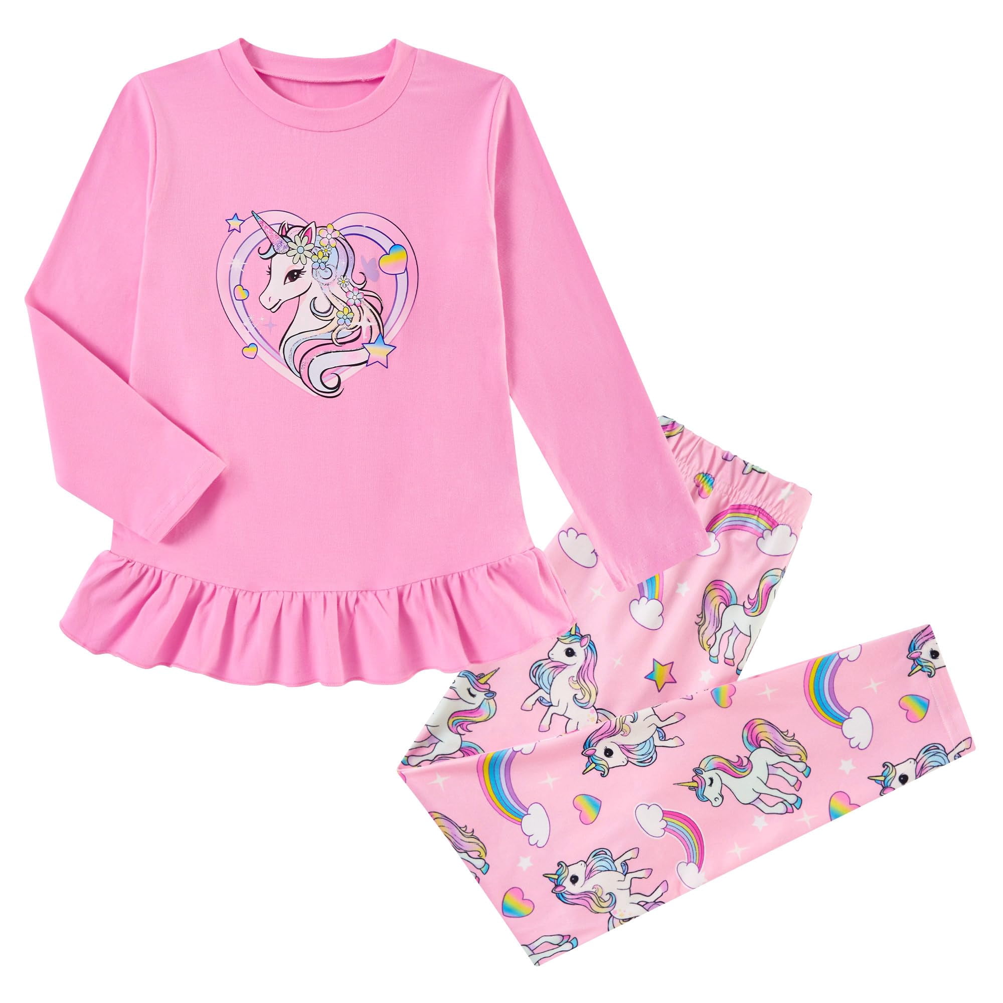 Aideaone Girls Outfit Fall 2 Pcs Clothes Sets Long Sleeve Ruffle Hem Shirt Floral Pants for Kids Size 3-8