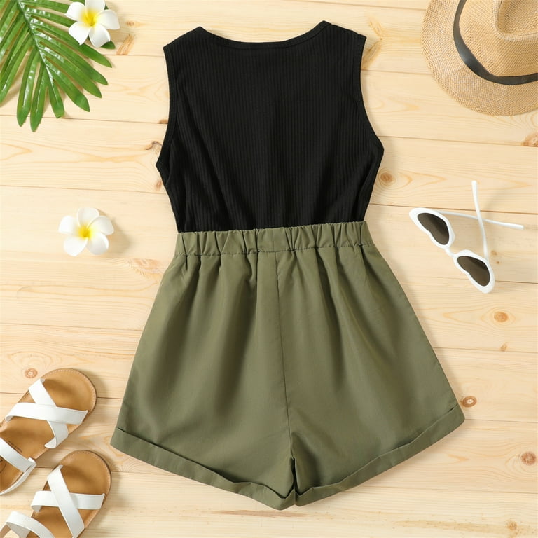 Patpat Kid Girl Summer Romper Bodysuit Button Design Sleeveless Belted Romper Jumpsuit Shorts Outfit Girl s Size 8 9 Years Green