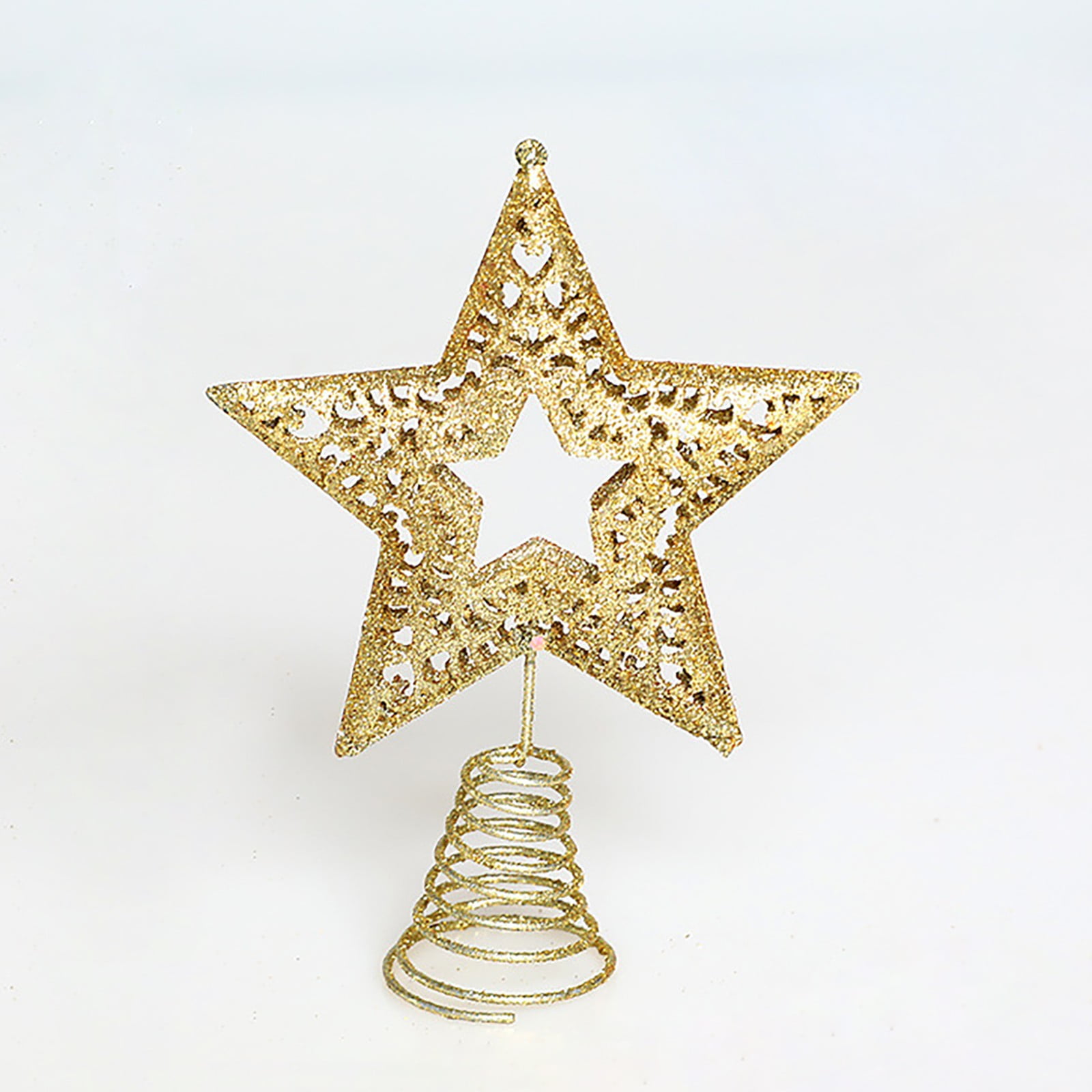 Glitter Christmas Tree Topper with Spring Base Hollow Star & Leaping Reindeer Treetop Ornaments Sparkly Metal Holiday Crown Decor Specially Designed for Mini Tabletop Christmas Trees 1Pcs Gold
