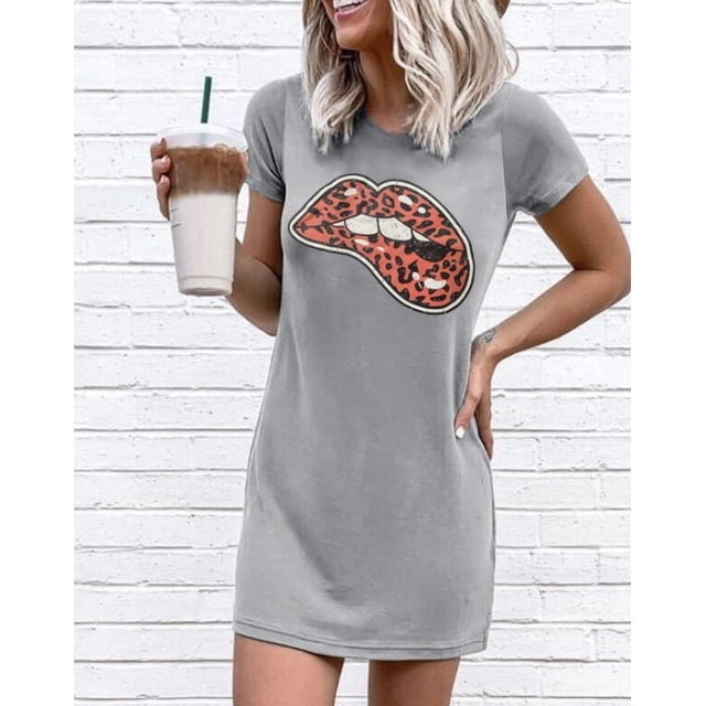Hot Product Lady Leopard Lips Print Fashion Short Sleeve Round Neck Summer Dress