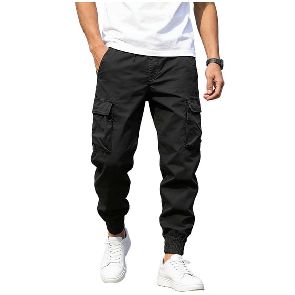 Riecok Mens Cargo Pants Big and Tall Elastic Waist Pull on Pants Breathable Solid Dressy Trousers with Pockets Black 2XL