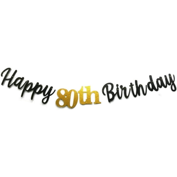 Happy 80th Birthday Banner Black Gold Glitter Paper Pre Assembled 80 Years Party Decorations Backdrop