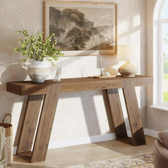 Finmind Solid Wood Console Table, 63" Narrow Sofa Table Behind Couch, Rustic Skinny Entryway Table