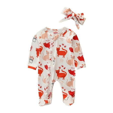 

Toddler Girls Bodysuits Toddler Kids Girls Boys Floral Fruit Cartoon Cat Prints Romper Jumpsuit Hairband 2Pcs Set Outfits For 6-9 Months