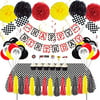 ELOPELY Racing Car Theme Party Decorations, Checkered Happy Birthday Banner Tablecloth Flag Cake Topper Party Decor, Tissue Pom Poms Balloons for Race Car Party Decor (Black, Red, Yellow)