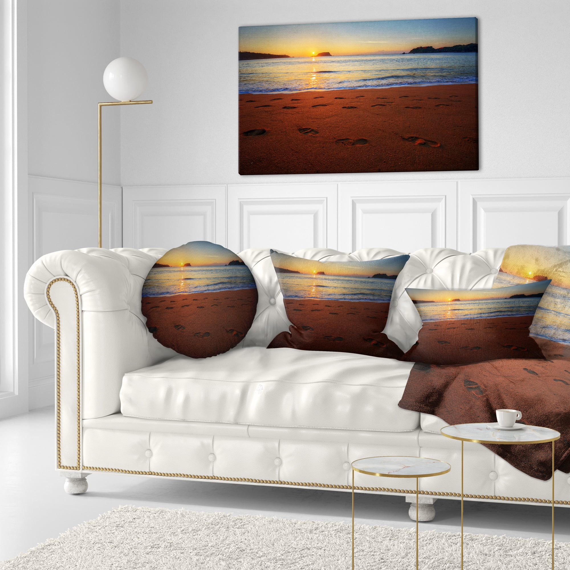 Designart Foot printed Sandy Ocean Beach - Seashore Throw Pillow - 12x20