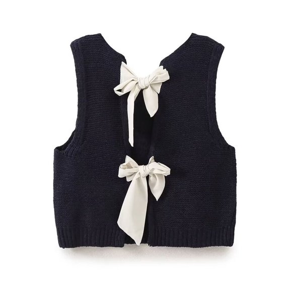 aturustex Women's Basic Knit Waistcoats Ladies Crew Neck Slim Tank Tops Bow Tie Back Sweater Vest Fashion Cozy Casual Blouses Daily Spring Fall Clothes Streetwear