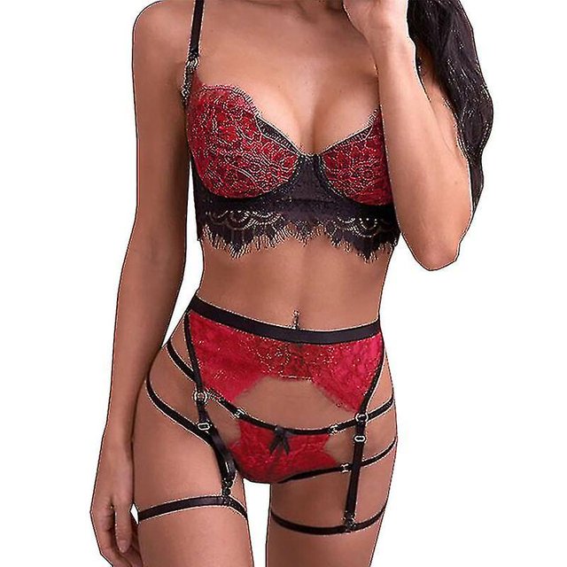 Conjunto de lencería sexy de encaje para mujer Babydoll Ropa interior Sujetador Tanga Liguero Ropa de dormir