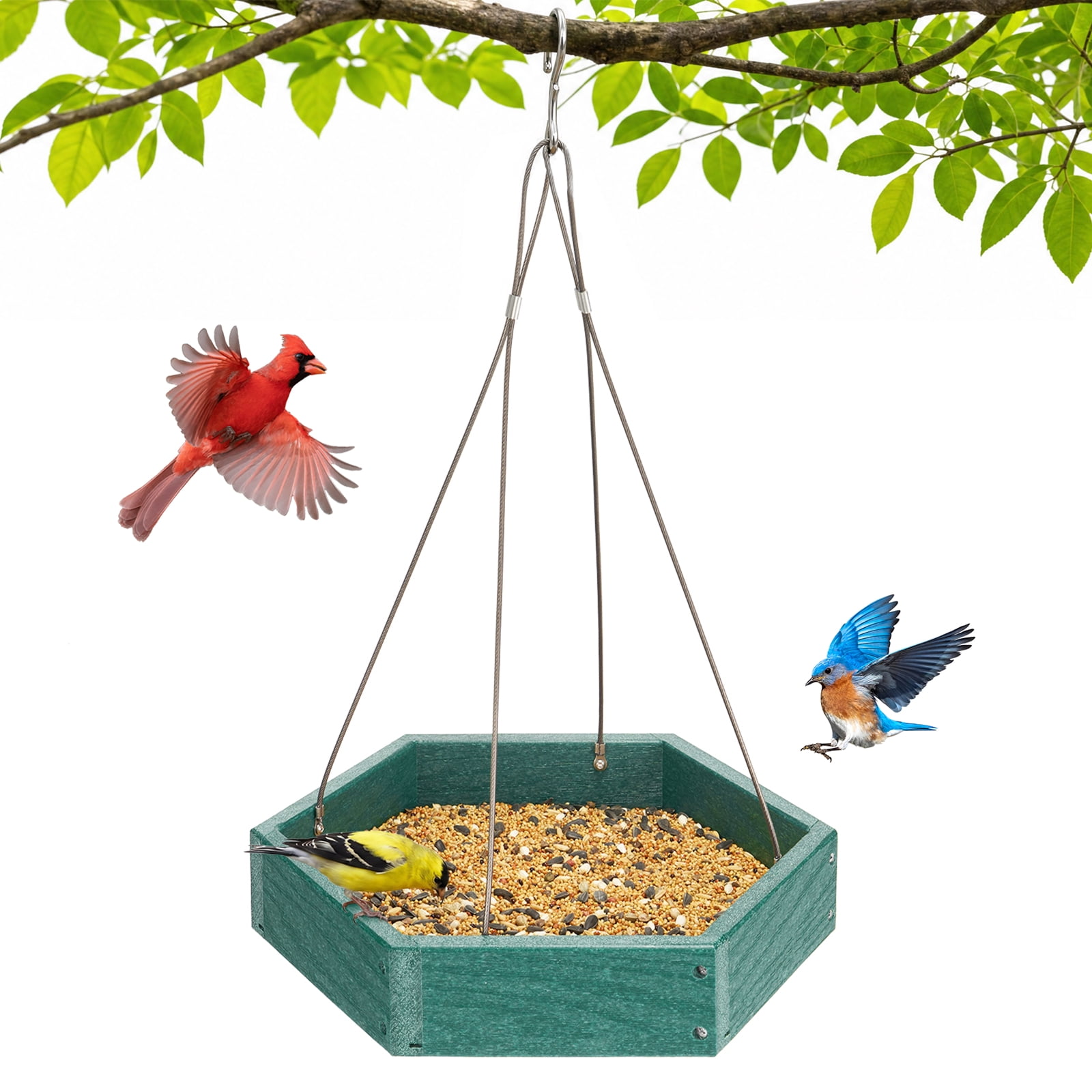 Kingsyard Composite Wood Platform Bird Feeder with Metal Mesh Bottom, 3 lb Capacity, Green