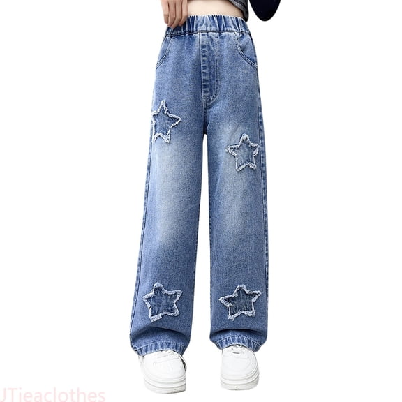 JTieacloth Girls Denim Pants Girls Jeans Pants Straight Leg Denim Pant High Waist Elastic Band Casual With Pockets Kids 6 14Y,Sizes 5-6 Years