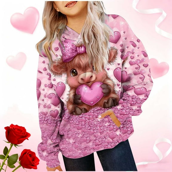 SGFCWSX Girls Oversized Hoodie, Teens Pullover Cute with Pocket Heart Print Sweatshirt for Casual Daily Wear Pink Size 13-14 Years